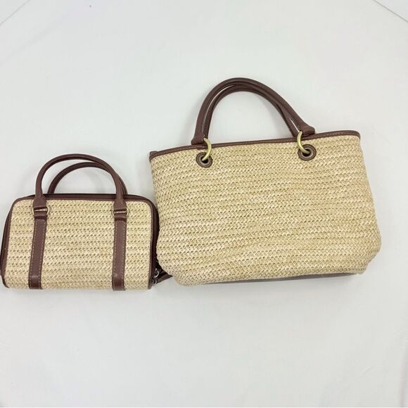 Connections Cream Woven Brown Faux Leather Two Piece Coastal Wallet Handbag Set - Picture 3 of 16